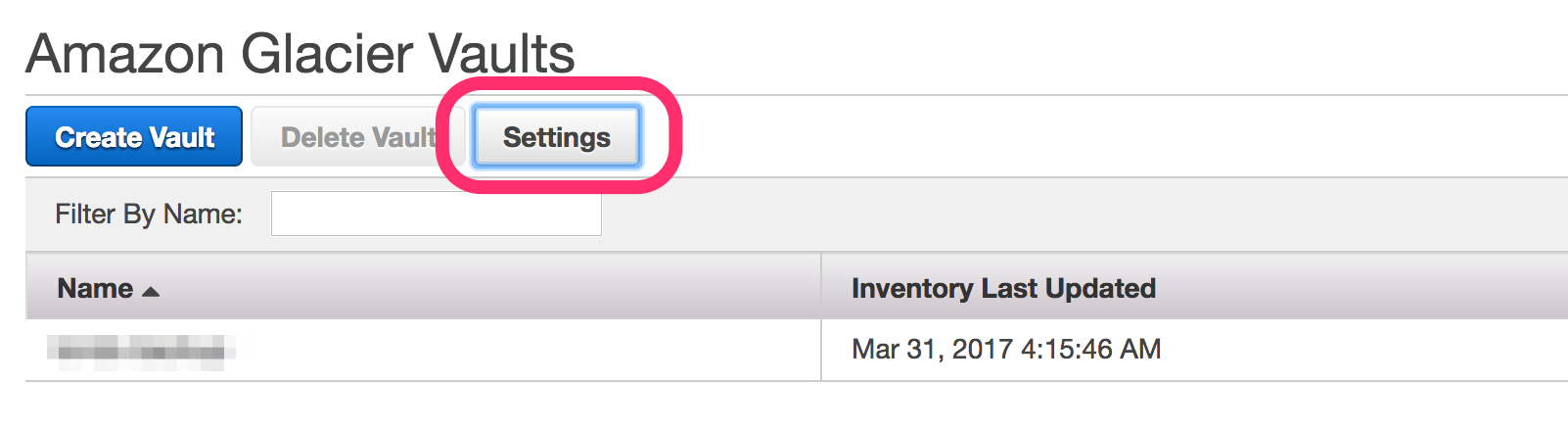 Setting Button in the Glacier Management Console