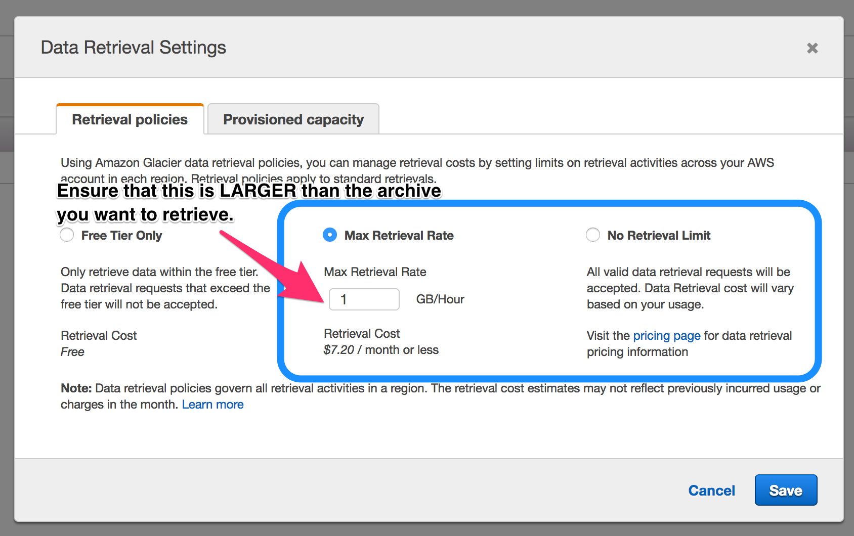 Ensure that the Max Retrieval Rate is set either to No Limit, or to a size larger than the archive you are going to be downloading