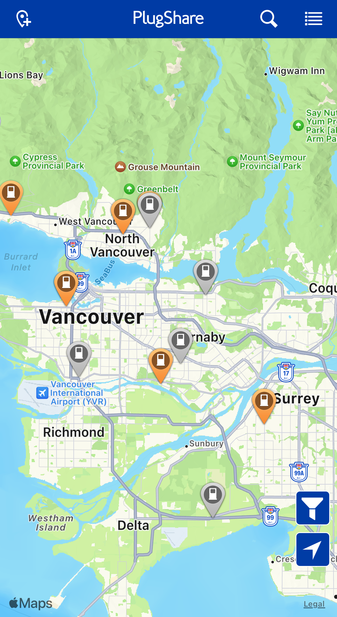 Screenshot of Plugshare showing available, compatible DC Fast Charging stations in Vancouver, BC.